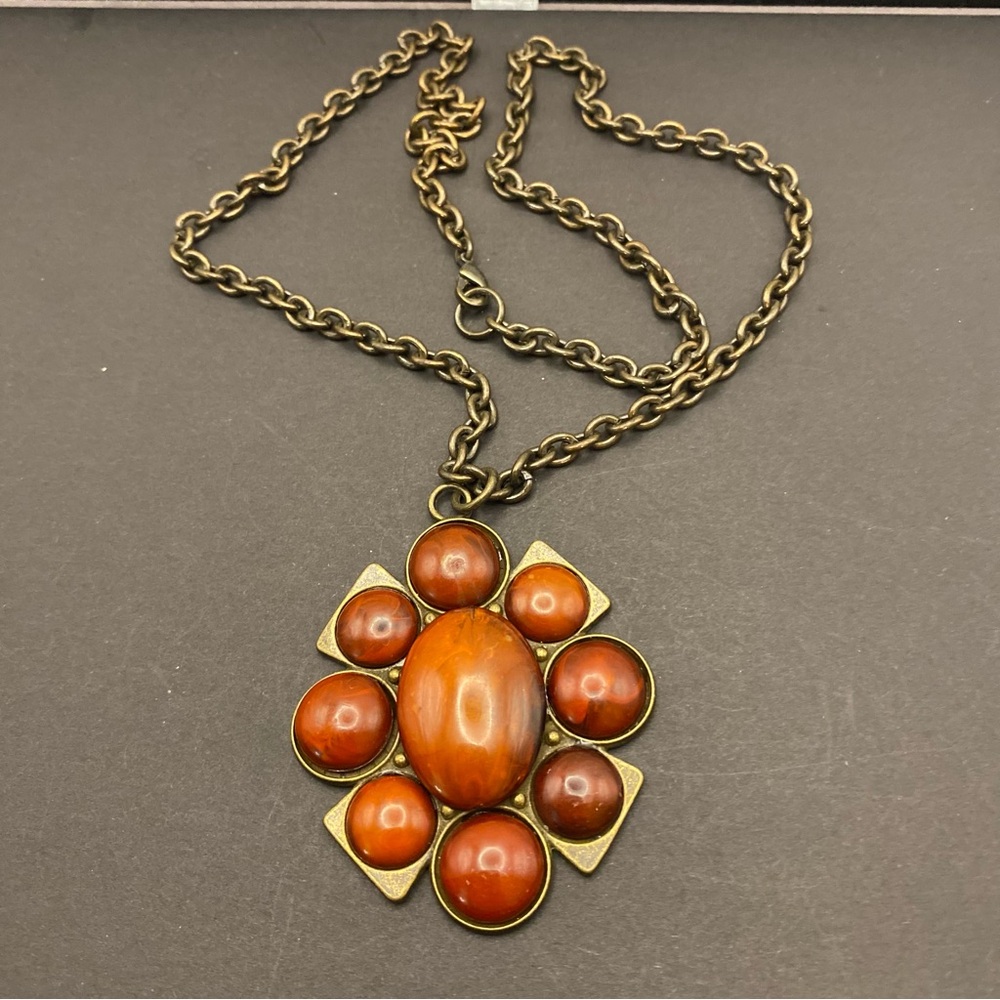 Vintage-Inspired Gold Tone Necklace with Burnt Orange/Brown Lucite Cabochons